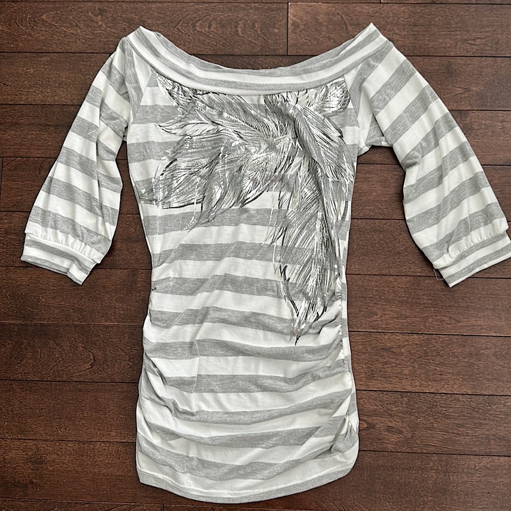 Arden B Gray & White Stripe with Metallic Silver Palm Print Design M